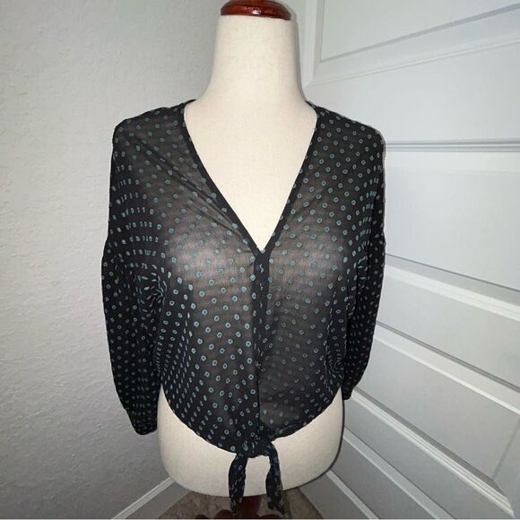 Current Air Sheer Swiss Dot Tie Front Long Sleeve Shirt Blouse Top - Picture 1 of 9